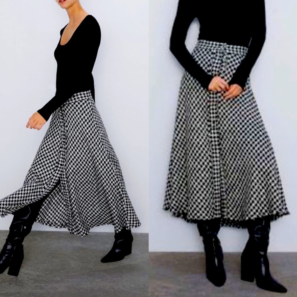 Zara Tweed Houndstooth Black & White Midi Skirt